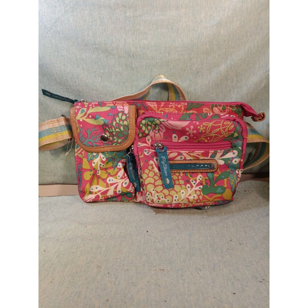 Lilly Bloom pink fanny pack, multi color strap, neon green interior